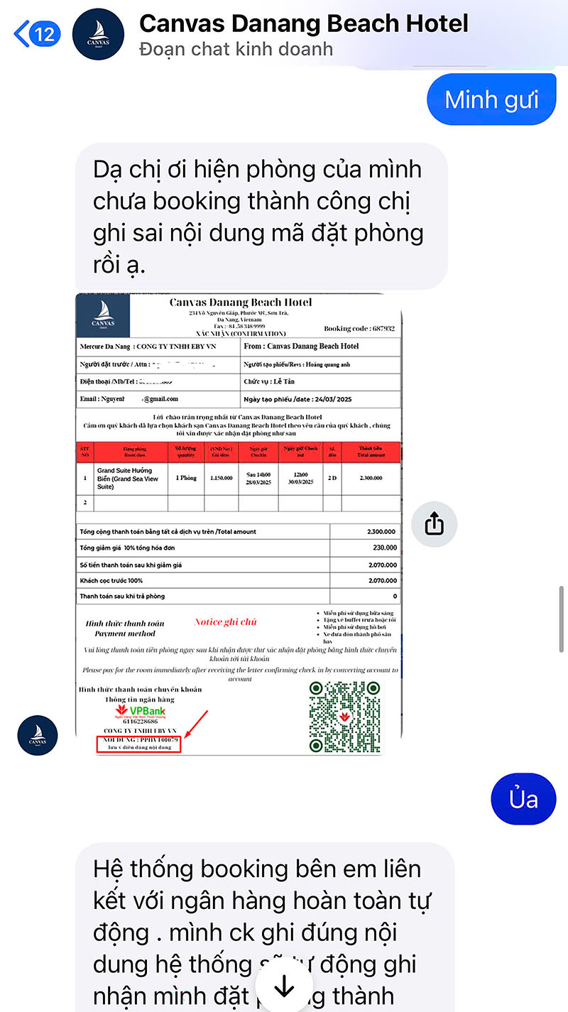 Tin nhắn giao dịch đặt phòng và chuyển khoản của chị H và “nhân viên” khách sạn.