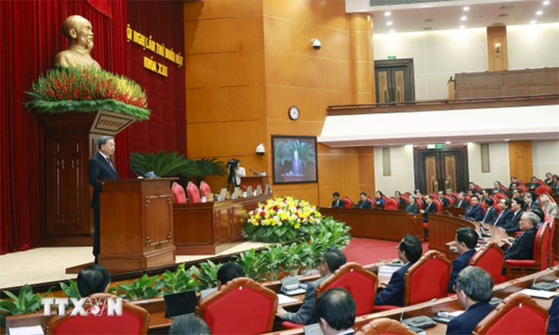 Tổng Bí thư Tô Lâm phát biểu bế mạc hội nghị lần thứ 11 Ban Chấp hành Trung ương Đảng khóa XIII. (Ảnh: Thống Nhất/TTXVN)