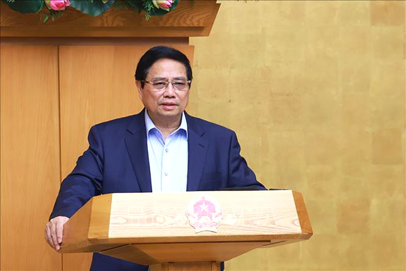 Thủ tướng Phạm Minh Chính chủ trì phiên họp Chính phủ chuyên đề về xây dựng pháp luật tháng 4/2025. Ảnh: Dương Giang/TTXVN