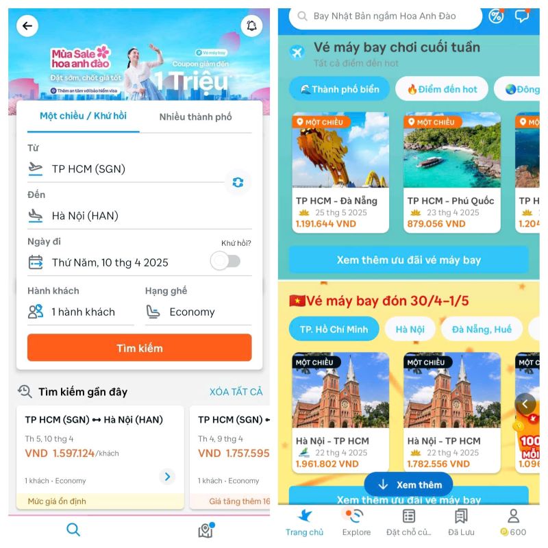 Giao diện đặt vé dễ dàng của Traveloka.