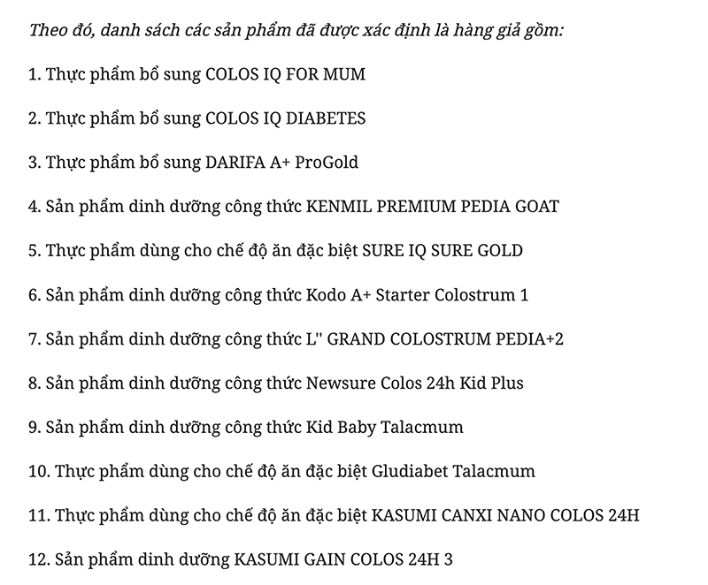 Danh sách 12 sản phẩm được xác định là sữa giả mà Bộ Công an vừa công bố.