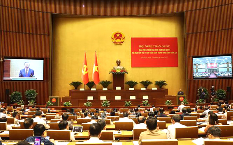 Tổng Bí thư Tô Lâm phát biểu chỉ đạo hội nghị toàn quốc quán triệt, triển khai thực hiện Nghị quyết hội nghị lần thứ 11 Ban Chấp hành Trung ương Đảng khóa XIII. Ảnh: Thống Nhất/TTXVN