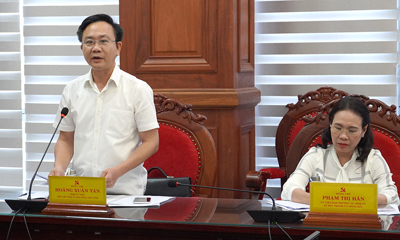 Đồng chí Hoàng Xuân Tân, Tỉnh ủy viên, Phó Chủ tịch UBND tỉnh, Phó trưởng BCĐ phát biểu tại phiên họp.