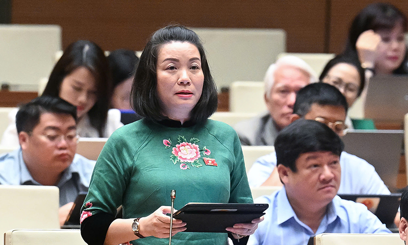 Đồng chí Phó trưởng đoàn chuyên trách phụ trách Đoàn đại biểu Quốc hội tỉnh Nguyễn Minh Tâm phát biểu thảo luận tại hội trường.