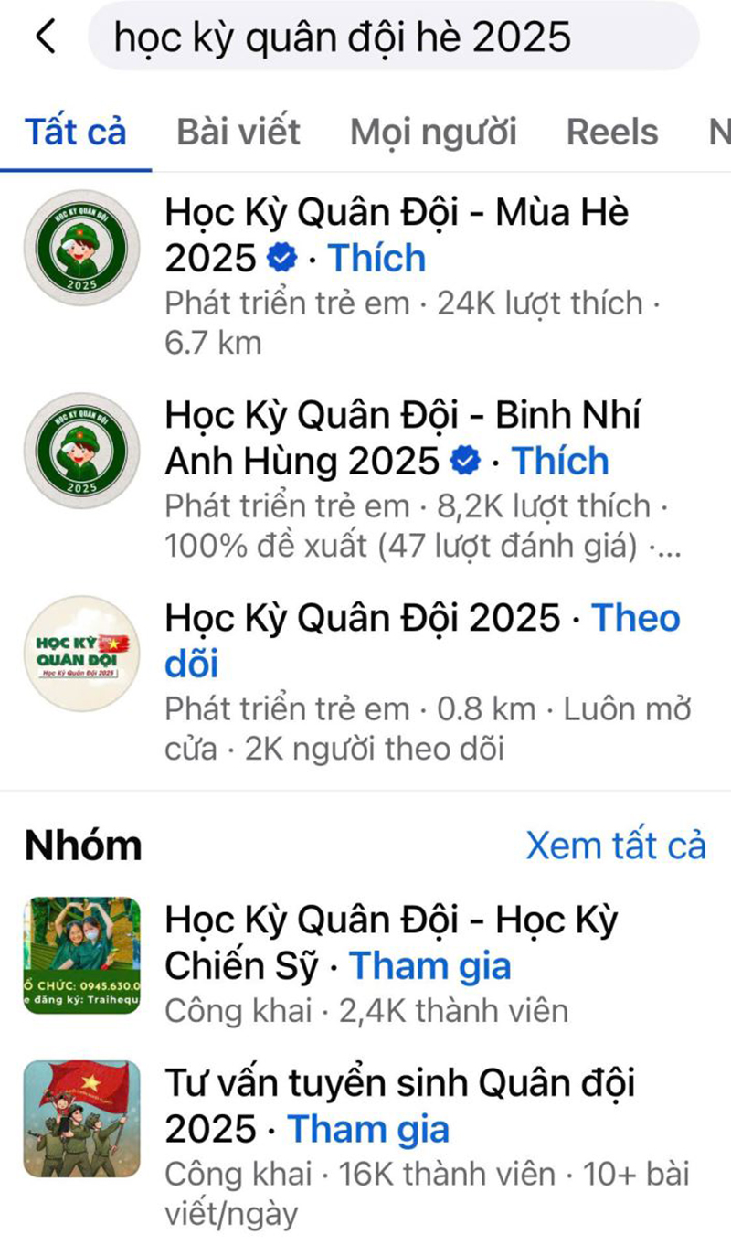Chỉ cần tìm kiếm thông tin  "học kỳ quân đội hè 2025 " sẽ xuất hiện hàng loạt Fanpage quảng cáo, trong đó có rất nhiều trang giả mạo nhưng phụ huynh khó phân biệt được thật-giả.