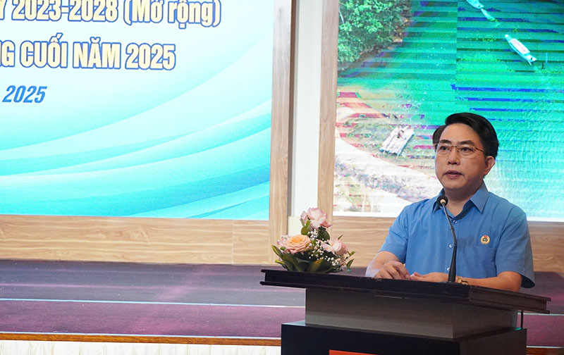 Đại diện lãnh đạo Liên đoàn Lao động tỉnh phát biểu tại hội nghị.